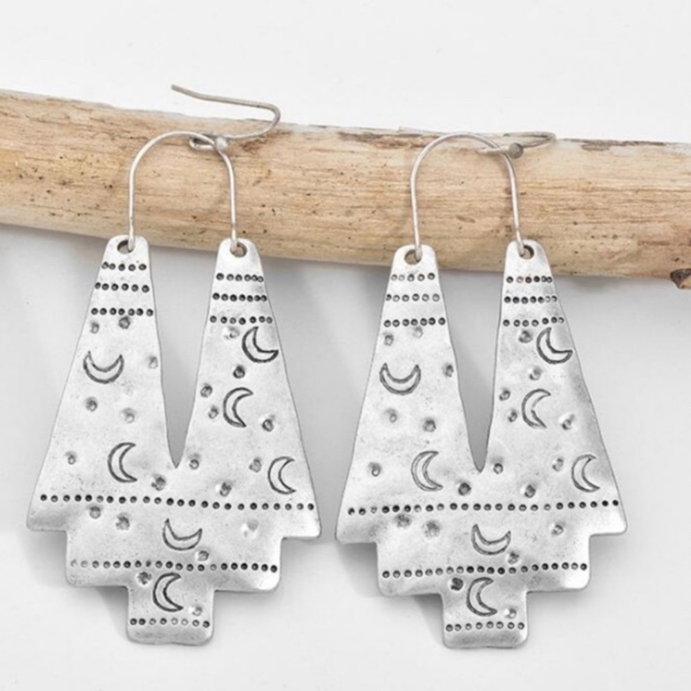 Boho Silver Moon Stamped Dangle Earrings - Picture 5 of 5